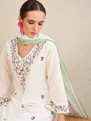 Floral Embroidered  Cotton Kurta With Trousers & Dupatta 2