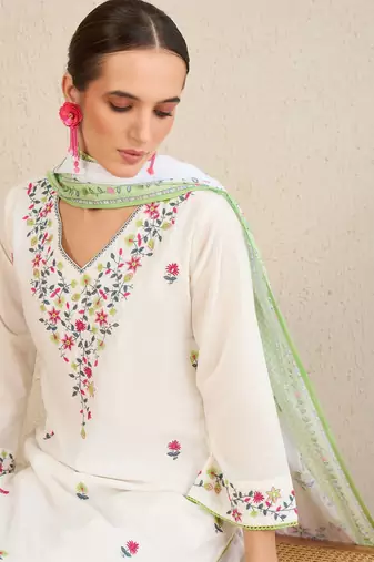 Floral Embroidered  Cotton Kurta With Trousers & Dupatta