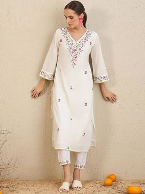 Floral Embroidered  Cotton Kurta With Trousers & Dupatta 1