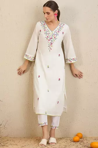 Floral Embroidered  Cotton Kurta With Trousers & Dupatta
