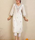 Floral Embroidered  Cotton Kurta With Trousers & Dupatta