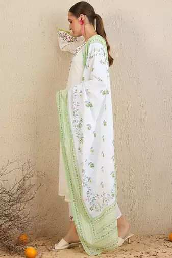 Floral Embroidered  Cotton Kurta With Trousers & Dupatta