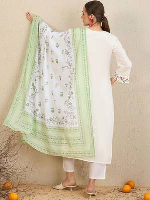 Floral Embroidered  Cotton Kurta With Trousers & Dupatta 5