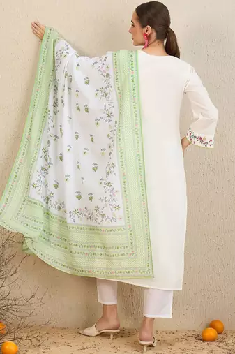 Floral Embroidered  Cotton Kurta With Trousers & Dupatta
