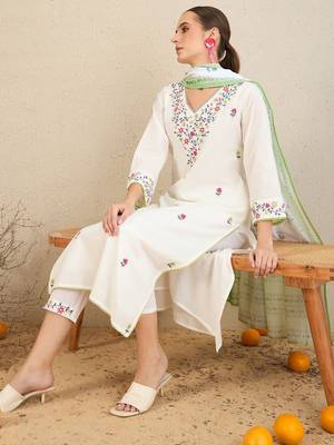 Floral Embroidered  Cotton Kurta With Trousers & Dupatta 6