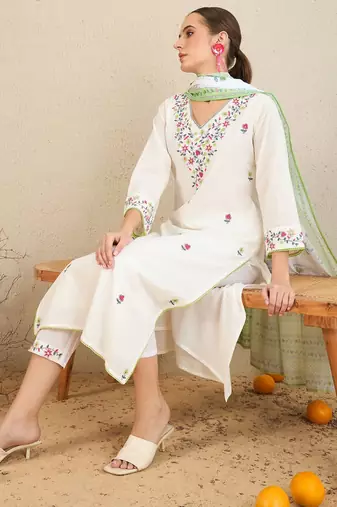 Floral Embroidered  Cotton Kurta With Trousers & Dupatta