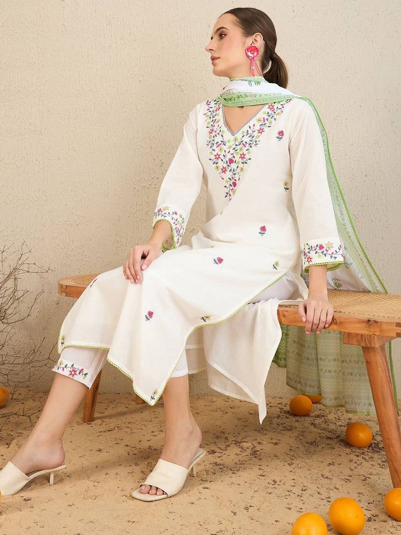Floral Embroidered  Cotton Kurta With Trousers & Dupatta