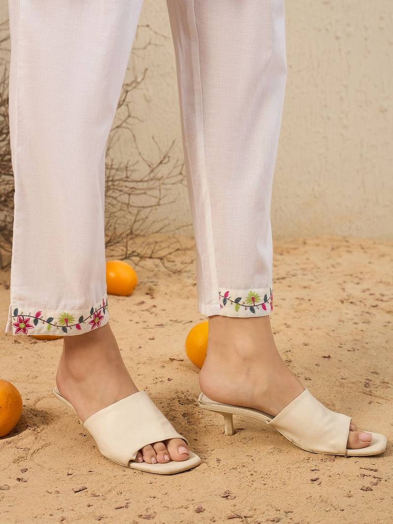 Floral Embroidered  Cotton Kurta With Trousers & Dupatta