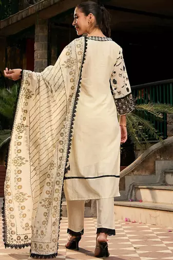 Floral Embroidered Regular Thread Work  Cotton Kurta with Trousers & Dupatta