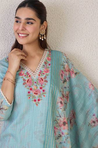 Women Floral Embroidered Linen Kurta with Trousers & Dupatta