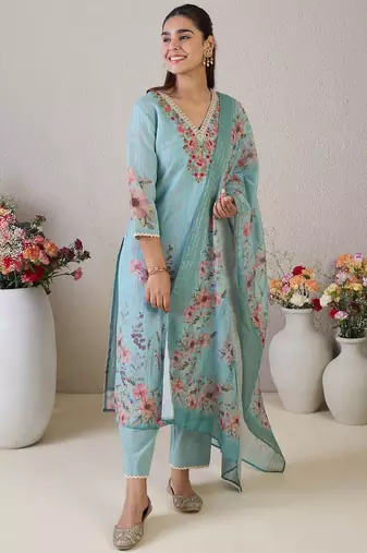 Women Floral Embroidered Linen Kurta with Trousers & Dupatta