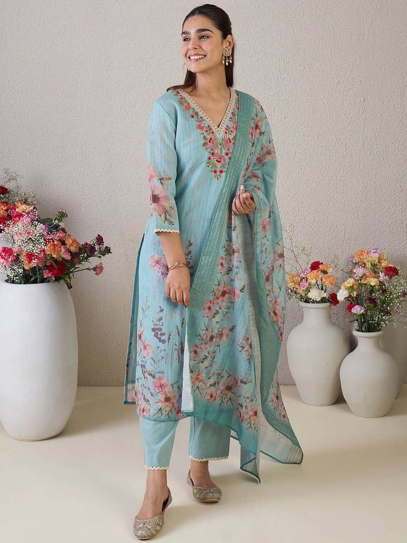 Women Floral Embroidered Linen Kurta with Trousers & Dupatta