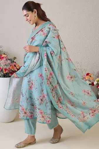 Women Floral Embroidered Linen Kurta with Trousers & Dupatta
