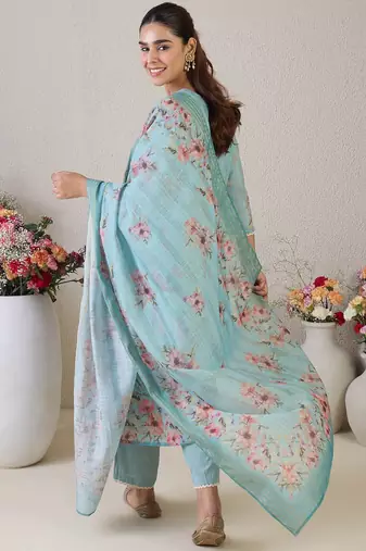 Women Floral Embroidered Linen Kurta with Trousers & Dupatta