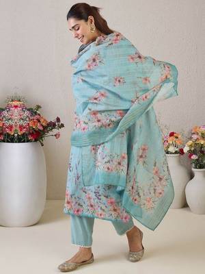 Women Floral Embroidered Linen Kurta with Trousers & Dupatta 5