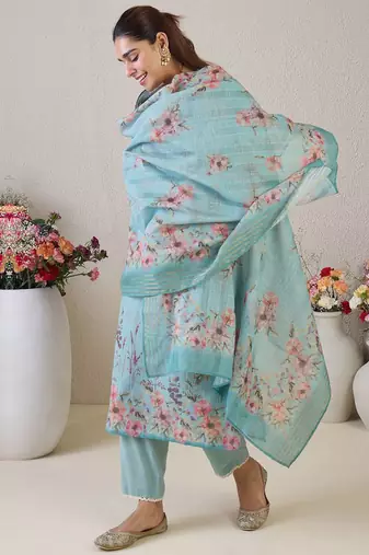 Women Floral Embroidered Linen Kurta with Trousers & Dupatta