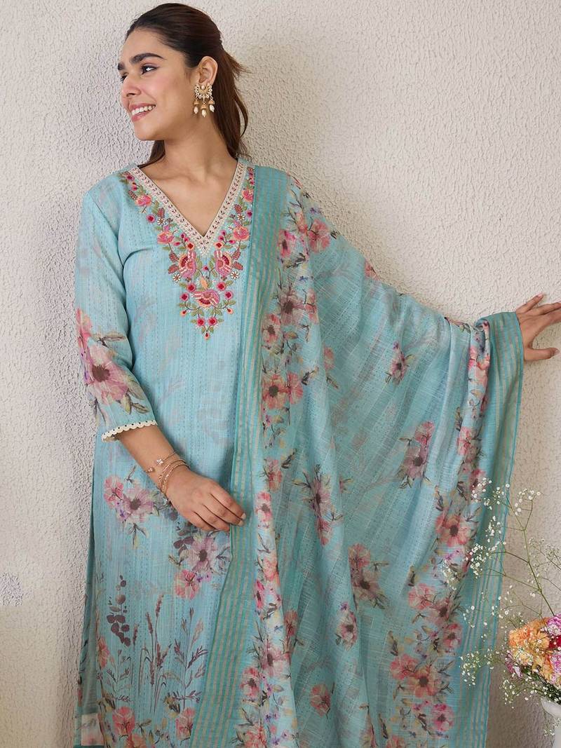 Women Floral Embroidered Linen Kurta with Trousers & Dupatta