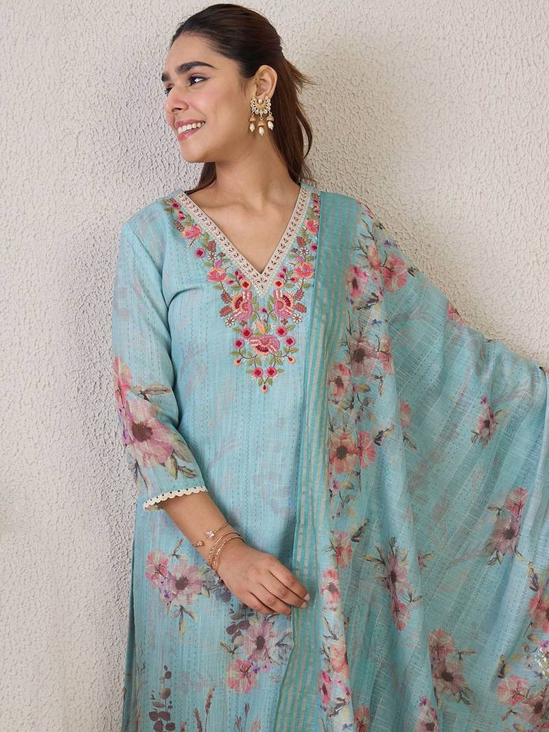Women Floral Embroidered Linen Kurta with Trousers & Dupatta