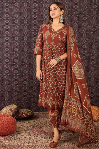 Women Ethnic Motifs Printed Pure Cotton Kurta with Trousers & Dupatta