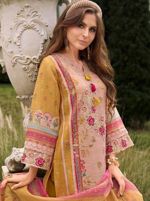 Women Embroidered Thread Work Linen Kurta with Trousers & With Dupatta 1