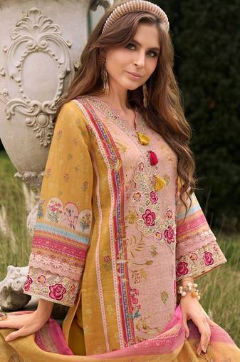 Women Embroidered Thread Work Linen Kurta with Trousers & With Dupatta