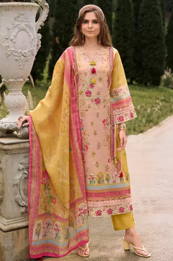 Women Embroidered Thread Work Linen Kurta with Trousers & With Dupatta