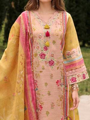 Women Embroidered Thread Work Linen Kurta with Trousers & With Dupatta 3