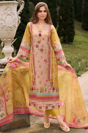 Women Embroidered Thread Work Linen Kurta with Trousers & With Dupatta