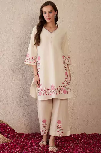 Women Floral Embroidered Regular Thread Work Pure Cotton Kurta with Palazzos