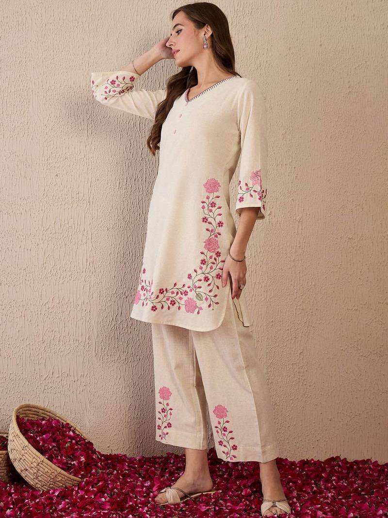 Women Floral Embroidered Regular Thread Work Pure Cotton Kurta with Palazzos