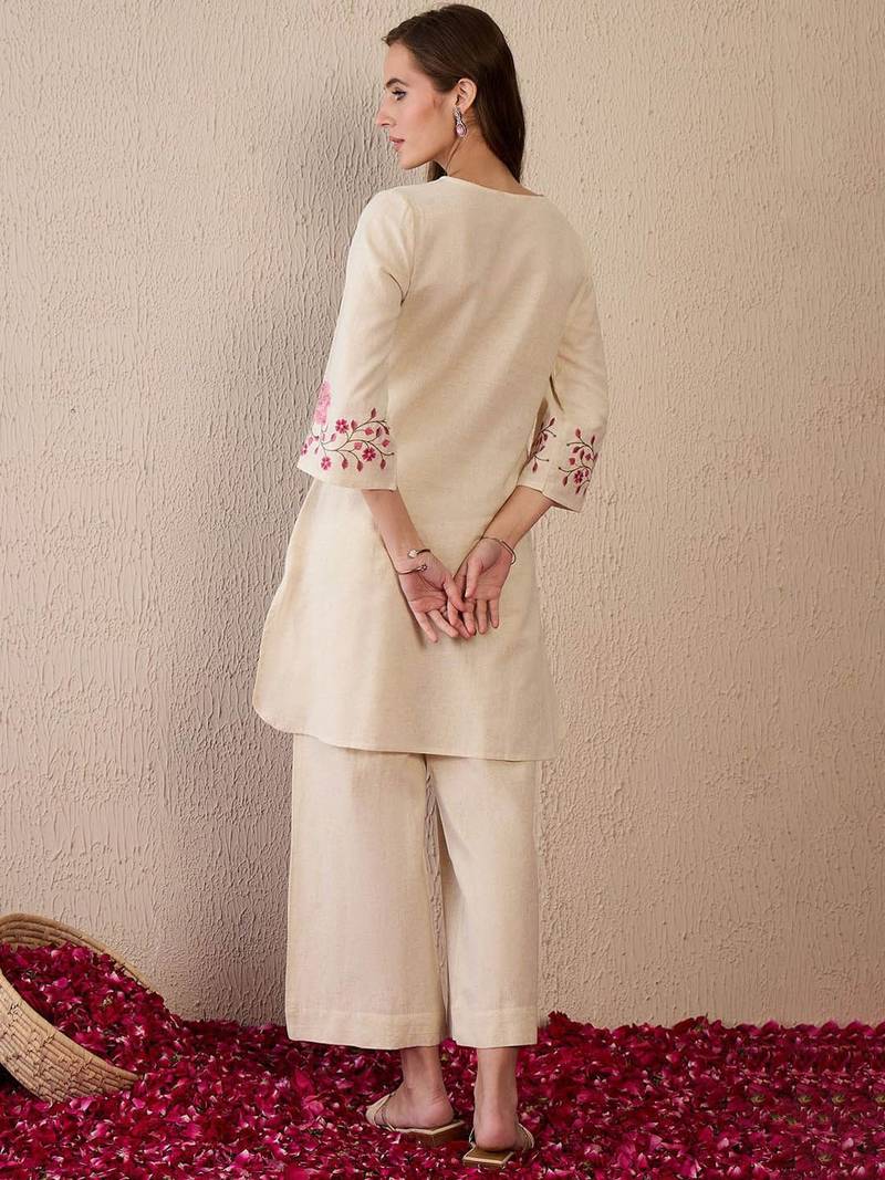 Women Floral Embroidered Regular Thread Work Pure Cotton Kurta with Palazzos