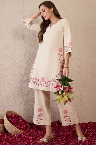 Women Floral Embroidered Regular Thread Work Pure Cotton Kurta with Palazzos