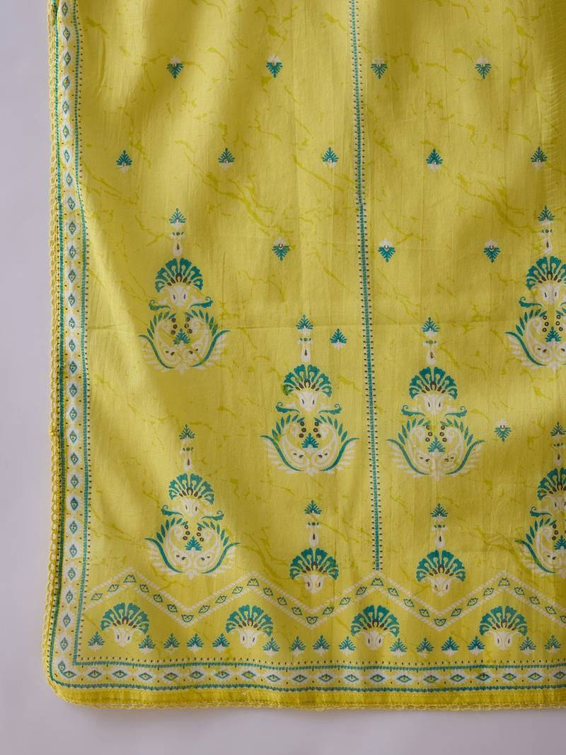 Floral Printed Mandarin Collar Beads Stones Pure Cotton Kurta Trousers & Dupatta