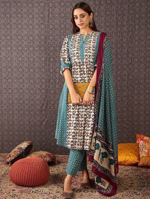 Floral Printed Mandarin Collar Pure Cotton A-Line Kurta & Trousers With Dupatta 2