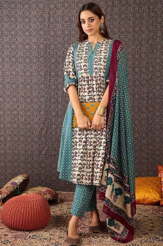 Floral Printed Mandarin Collar Pure Cotton A-Line Kurta & Trousers With Dupatta
