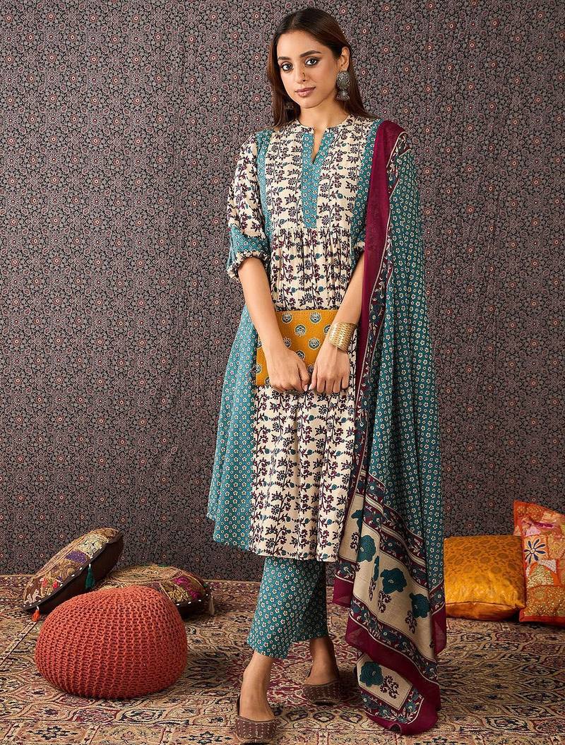 Floral Printed Mandarin Collar Pure Cotton A-Line Kurta & Trousers With Dupatta