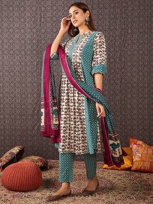 Floral Printed Mandarin Collar Pure Cotton A-Line Kurta & Trousers With Dupatta 3