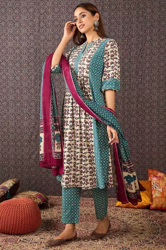 Floral Printed Mandarin Collar Pure Cotton A-Line Kurta & Trousers With Dupatta