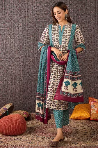 Floral Printed Mandarin Collar Pure Cotton A-Line Kurta & Trousers With Dupatta