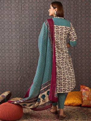 Floral Printed Mandarin Collar Pure Cotton A-Line Kurta & Trousers With Dupatta 5