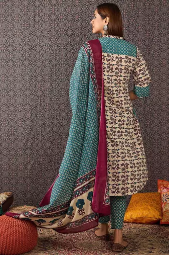 Floral Printed Mandarin Collar Pure Cotton A-Line Kurta & Trousers With Dupatta