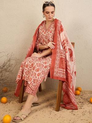 Floral Printed Gotta Patti  Cotton Straight Kurta With Trousers & Dupatta 1