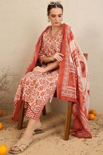Floral Printed Gotta Patti  Cotton Straight Kurta With Trousers & Dupatta