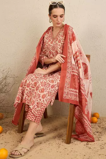 Floral Printed Gotta Patti  Cotton Straight Kurta With Trousers & Dupatta
