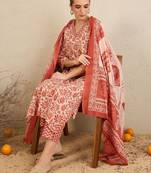 Floral Printed Gotta Patti  Cotton Straight Kurta With Trousers & Dupatta