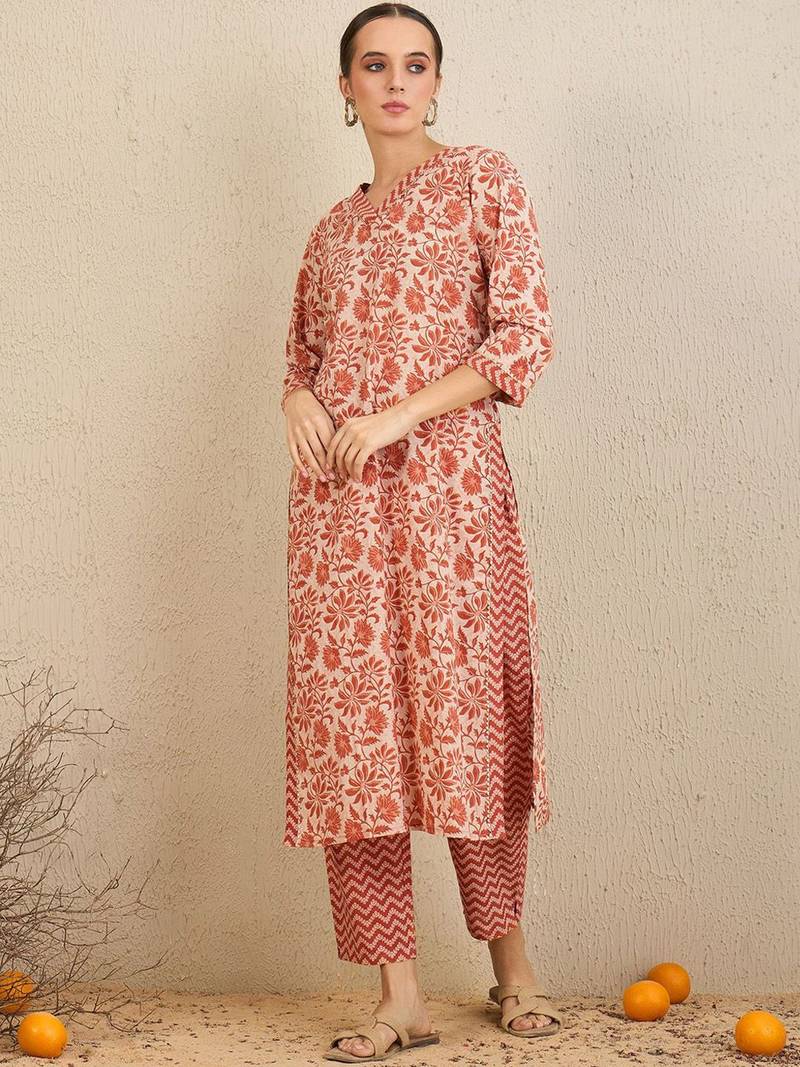 Floral Printed Gotta Patti  Cotton Straight Kurta With Trousers & Dupatta
