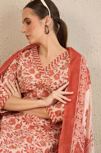 Floral Printed Gotta Patti  Cotton Straight Kurta With Trousers & Dupatta