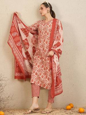 Floral Printed Gotta Patti  Cotton Straight Kurta With Trousers & Dupatta 6