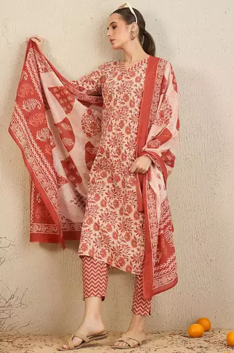 Floral Printed Gotta Patti  Cotton Straight Kurta With Trousers & Dupatta