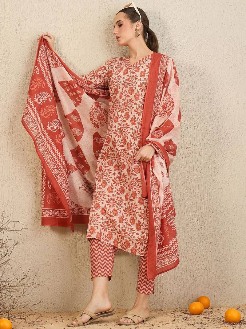 Floral Printed Gotta Patti  Cotton Straight Kurta With Trousers & Dupatta
